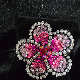 Vintage Pink Rhinestone Flower Brooch Pin with Clear Crystal Halo | Layered Floral Statement Jewelry