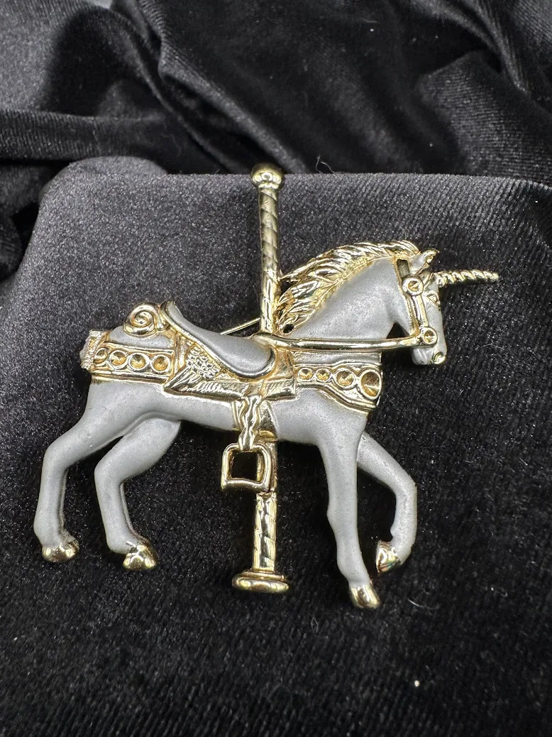 Vintage Enamel Carousel Unicorn Brooch Gray Gold Tone Rhinestone Saddle Fantasy Horse Pin