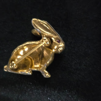 Signed Gold Tone Bunny Brooch Sculpted Rabbit Pin with Red Eye Detail