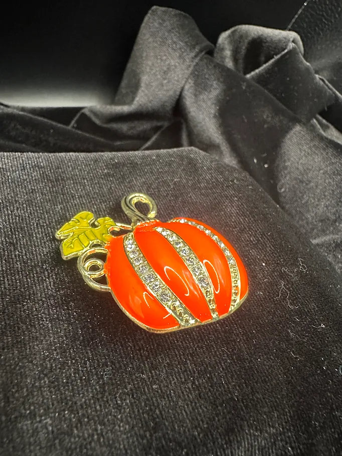 Gold Tone Orange Pumpkin Brooch with Rhinestone Stripes | Autumn Harvest Statement Pin