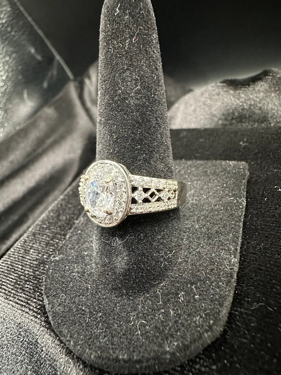 Silver Tone Clear Crystal Ring Oval Halo Statement Openwork Band Design