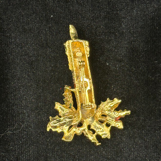Vintage Christmas Candle Brooch with Holly & Red Bow | Gold Tone Holiday Pin