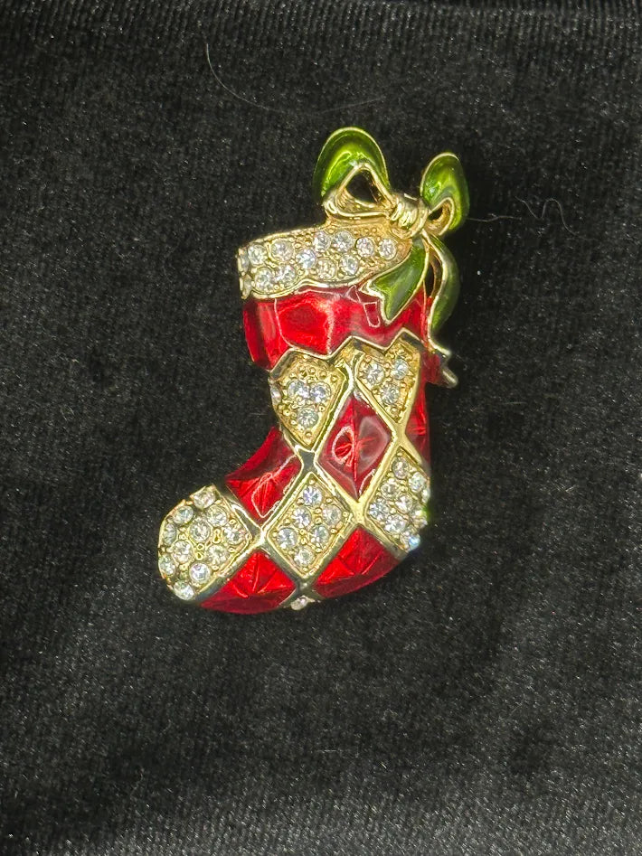 Vintage Monet Christmas Stocking Brooch Red Enamel Rhinestone Gold Tone Holiday Pin