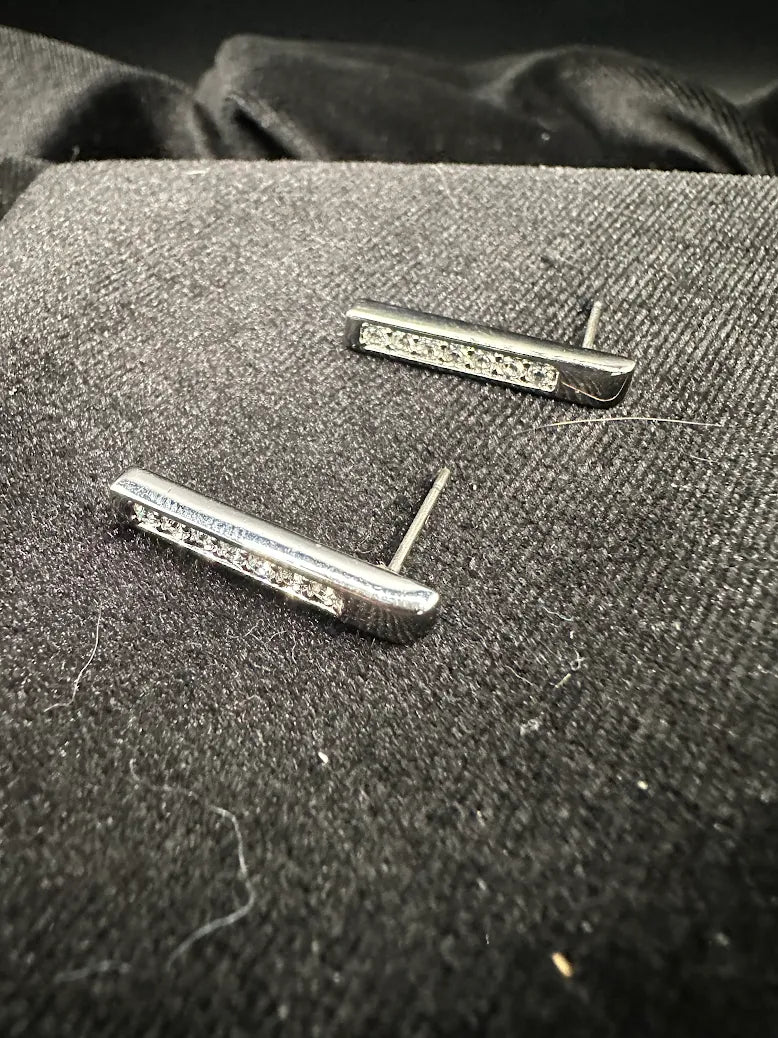 Swarovski Silver Tone Crystal Bar Stud Earrings Minimalist Designer Rhinestone Jewelry