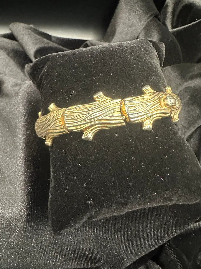 (SOLD) Trifari Gold Tone Log Link Bracelet | Vintage Textured Woodgrain Statement Bracelet