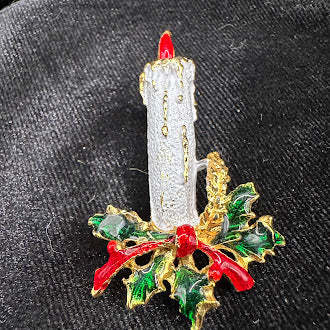Vintage Style Christmas Candle Brooch White Enamel Holly Bow Gold Tone Holiday Pin