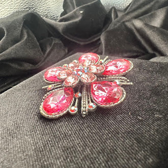 Silver Tone Pink Crystal Flower Brooch Teardrop Petal Cluster Design