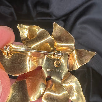 Vintage Cerrito Poinsettia Brooch Red Enamel Gold Tone Christmas Flower Pin Signed