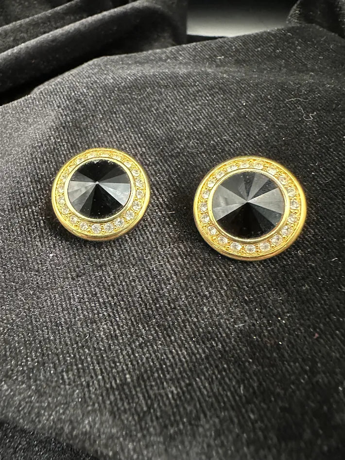 Swarovski Black Crystal Clip Earrings Gold Tone Rhinestone Halo Dome Vintage Statement