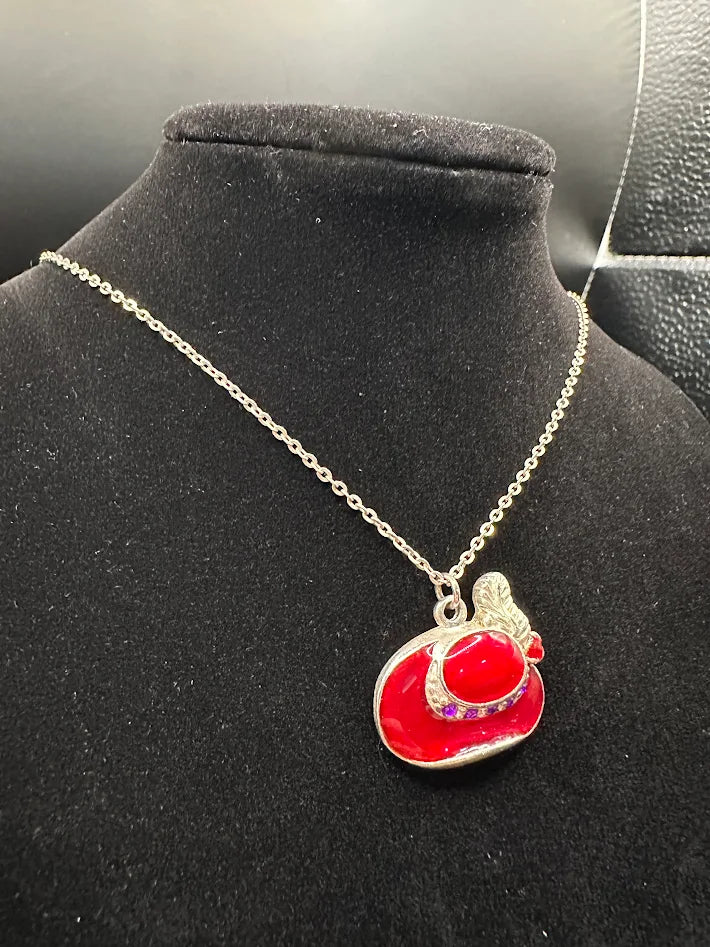 Tone Red Hat Pendant Necklace with Purple Crystal Accent