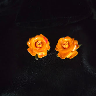 Orange Rose Brooch and Matching Clip-on Earring Set