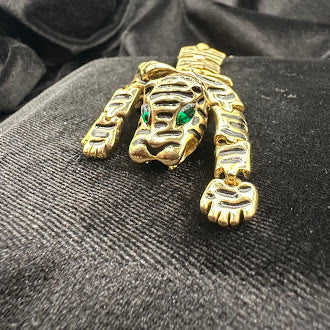 Gold Tone Articulated Tiger Brooch Green Eye Detail Jointed Design
