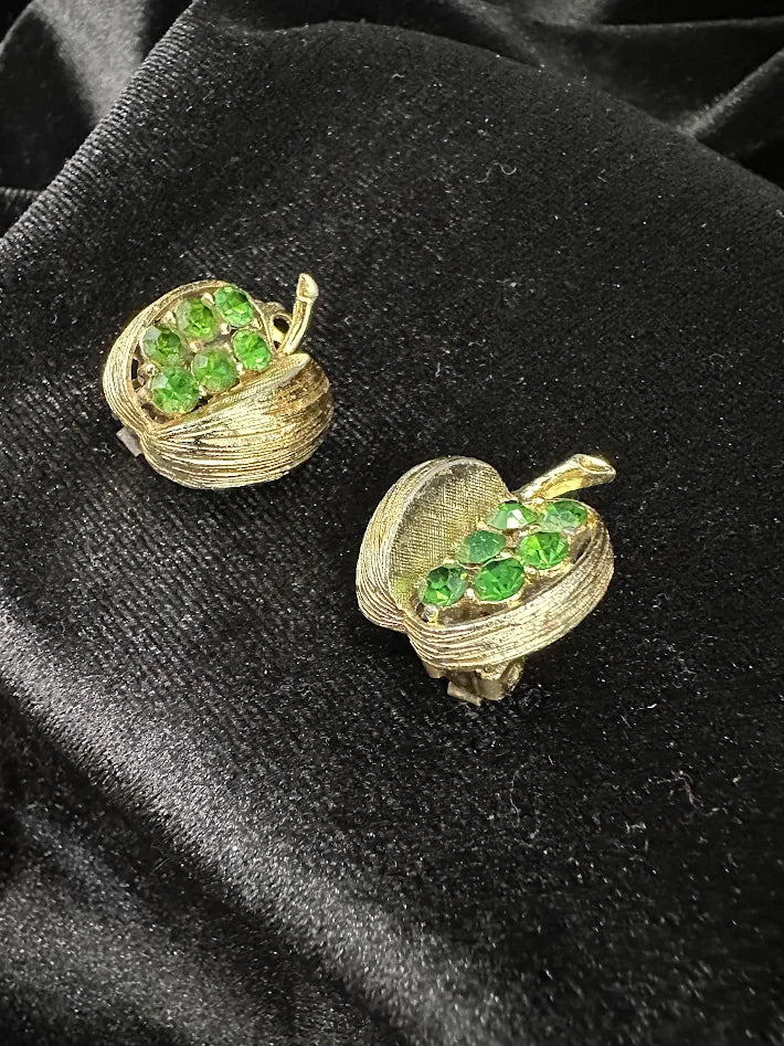 Gold Tone Green Crystal Basket Clip Earrings Textured Fruit Motif Vintage Statement Jewelry