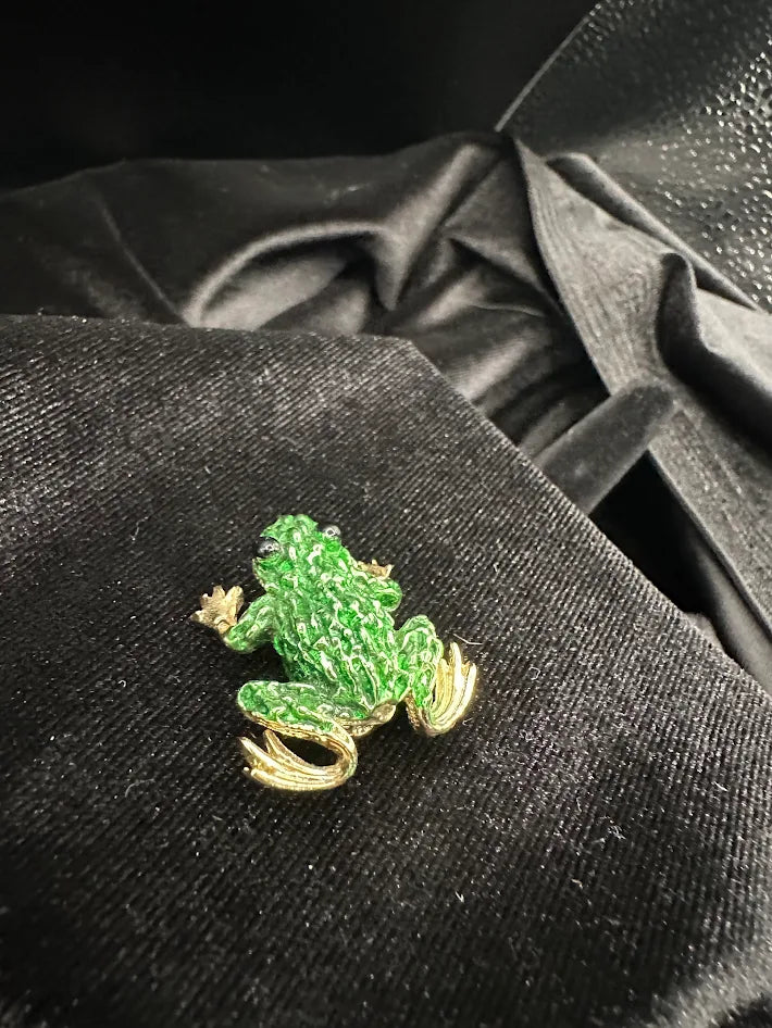 Swarovski Gold Tone Green Enamel Frog Brooch with Black Crystal Eyes