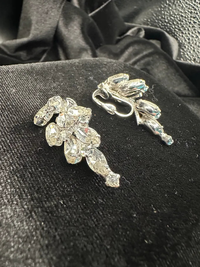Carnegie Silver Tone Clear Rhinestone Clip Earrings with Cascading Marquis Crystal Design