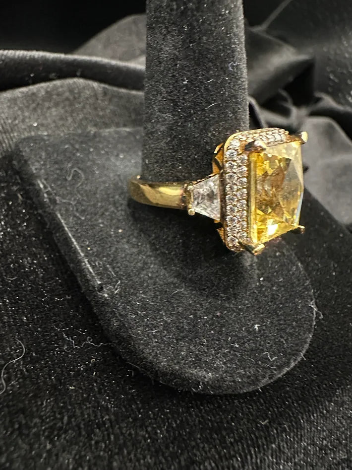 925 Sterling Silver Yellow CZ Emerald Cut Ring Gold Tone Halo Statement Ring Trapezoid Side Stone