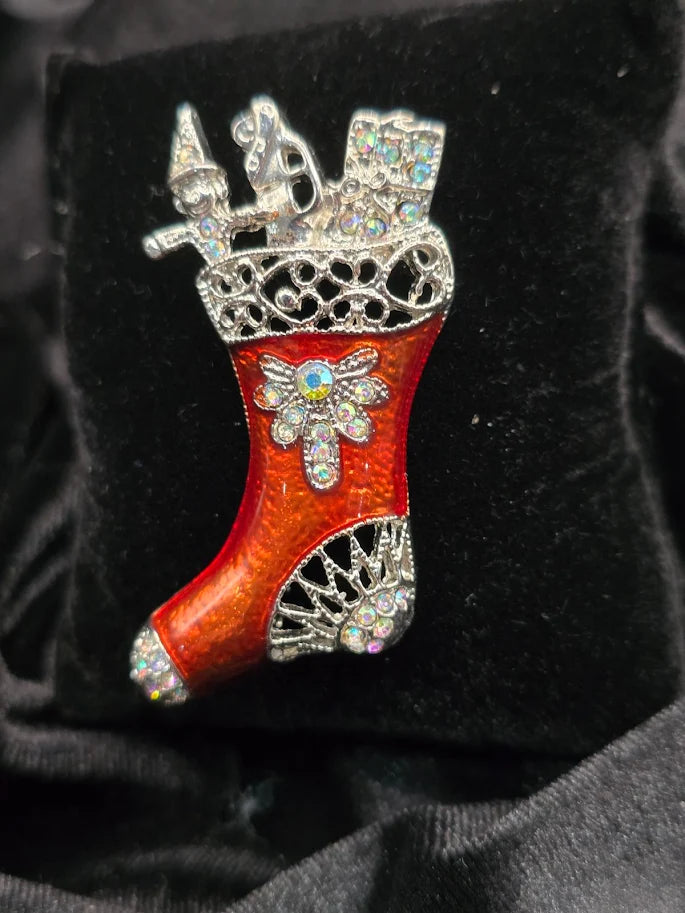 Vintage Christmas Stocking Brooch with Rhinestones and Red Enamel
