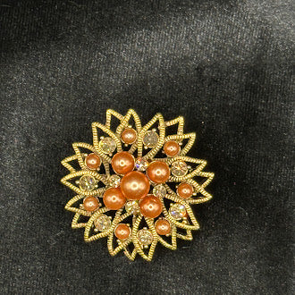Gold Tone Sunburst Flower Brooch Amber Faux Pearl Cluster Rhinestone Accents Dimensional Pin