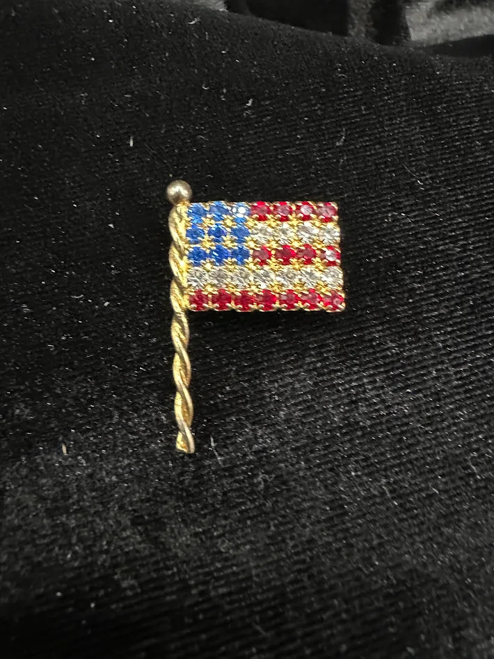 Eisenberg Ice gold tone American flag brooch with red white and blue crystals