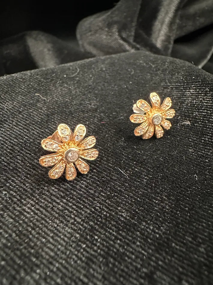 Gold Tone Crystal Flower Stud Earrings Warm Gold Floral Rhinestone Daisy Petite Sparkle