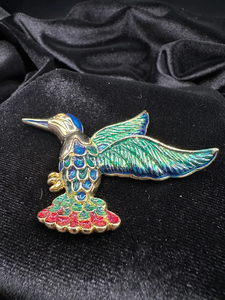 Vintage Gold Tone Enamel Hummingbird Brooch Multicolor Bird Pin Blue Green Red Statement
