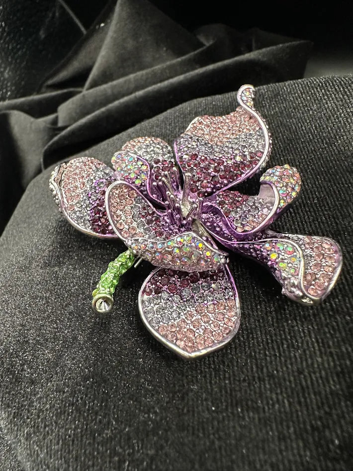 (SOLD) Large Purple Crystal Flower Brooch Rhinestone Floral Statement Pin AB Sparkle Vintage Style