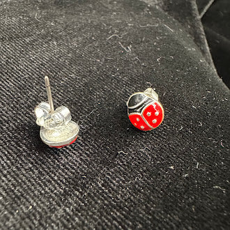 Silver Tone Red Enamel Ladybug Stud Earrings Cute Whimsical Insect Jewelry