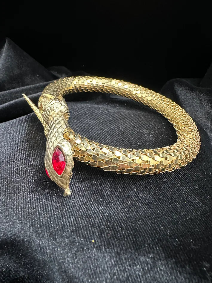 Gold Tone Snake Bracelet Red Crystal Eye Serpent Wrap Bangle Textured Scale Statement Jewelry