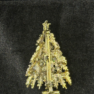 Gold Tone Christmas Tree Brooch with Red and Green Rhinestones