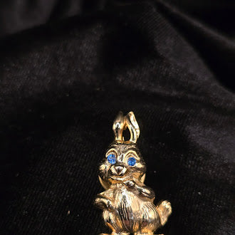 Gold Tone Bunny Brooch Small Rabbit Pin with Blue Rhinestone Eyes