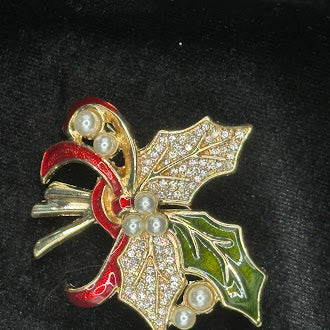 Vintage Holly and Bells Christmas Brooch with Rhinestones and Pearls