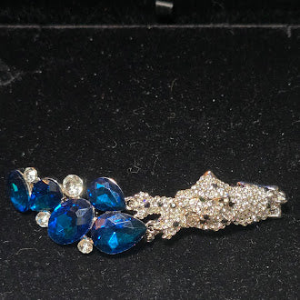 Silver Tone Panther Bracelet with Blue Crystal Stones Big Cat Statement Rhinestone Jewelry Vintage Style