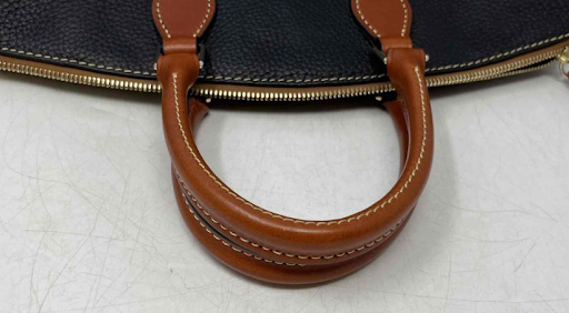Dooney & Bourke Pebbled Leather Satchel Black Brown Trim Designer Shoulder Handbag
