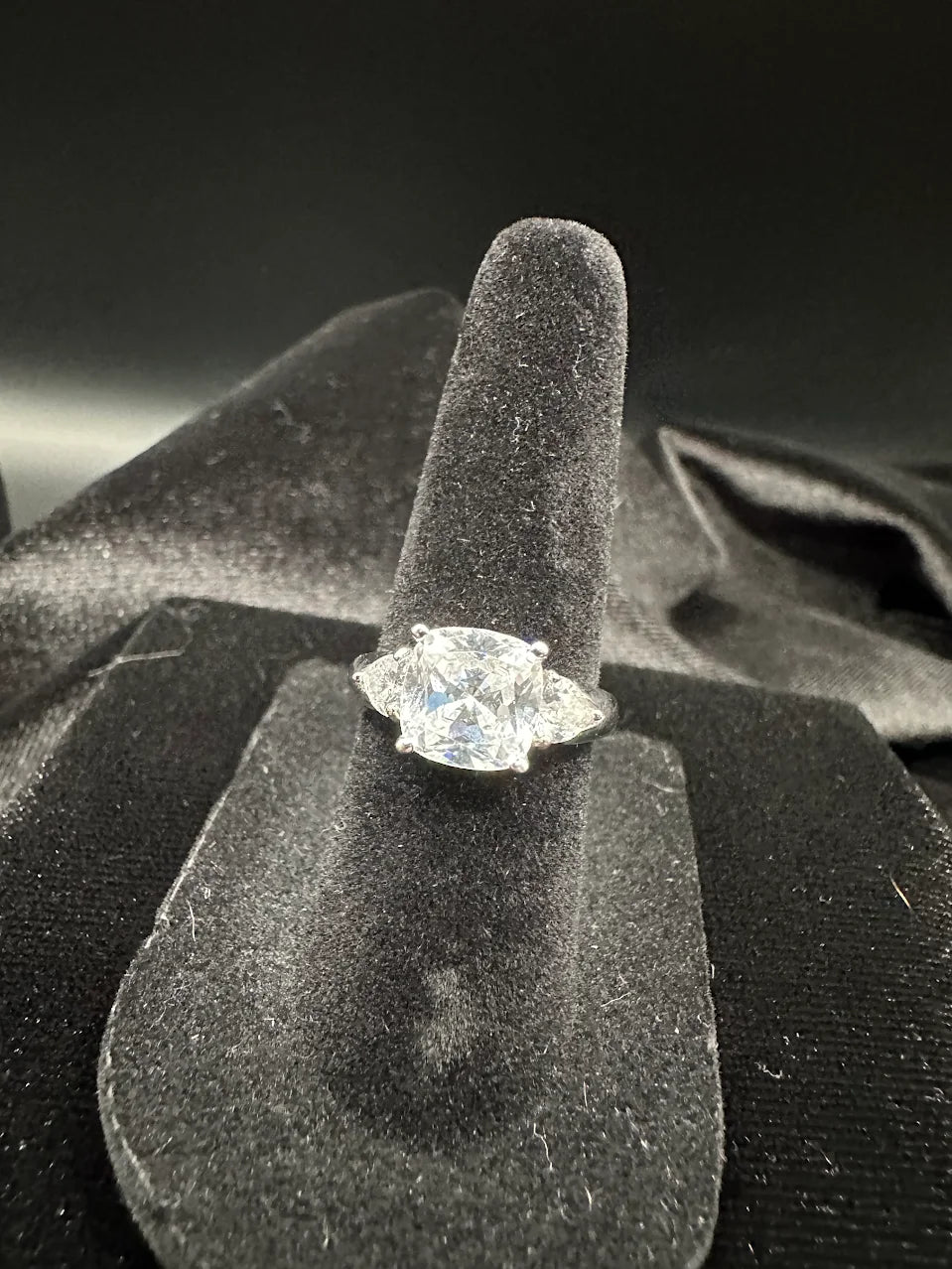 Silver Tone Clear Crystal Solitaire Ring Pear Accent Bridal Inspired Design