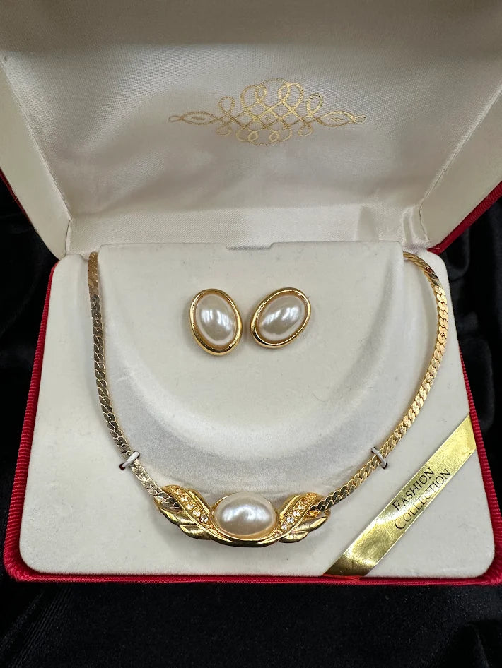 Gold Tone Faux Pearl Necklace and Earring Set With Original Box