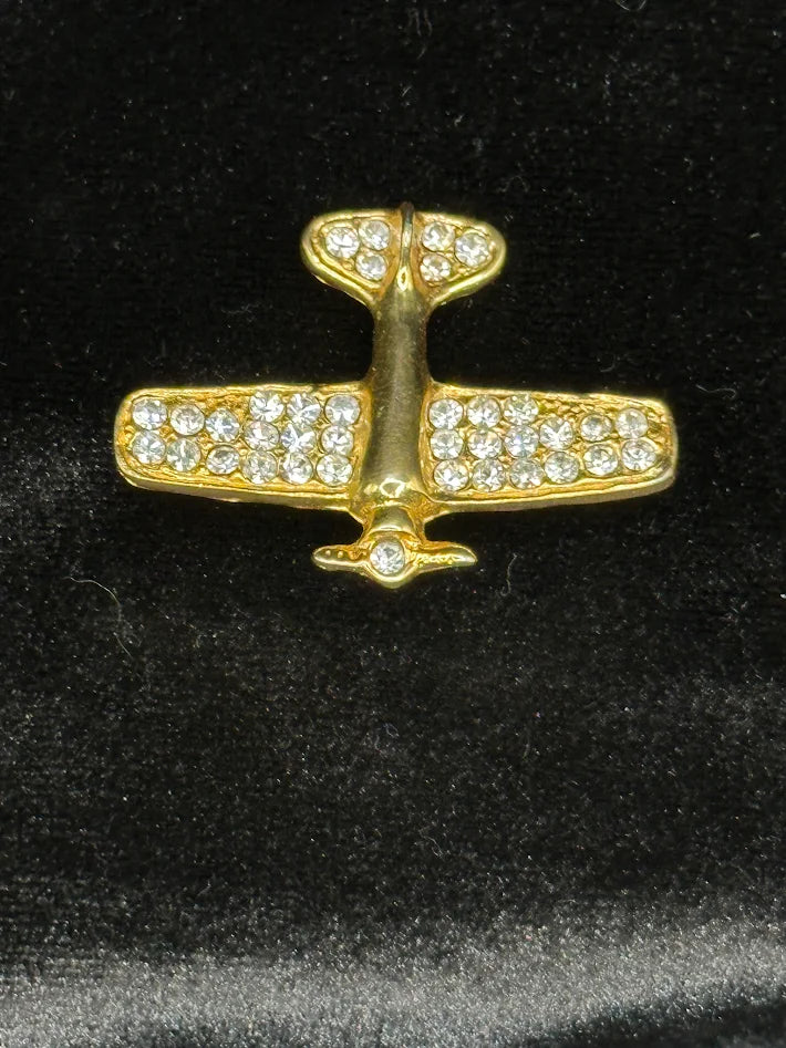 Gold Tone Rhinestone Airplane Brooch | Crystal Plane Pin Aviation Jewelry