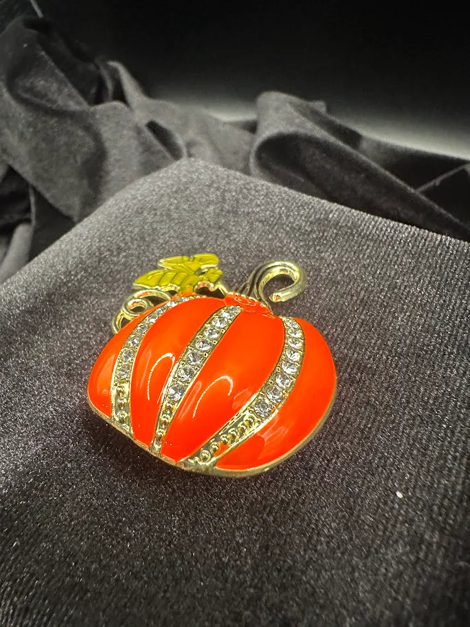 Gold Tone Orange Pumpkin Brooch with Rhinestone Stripes | Autumn Harvest Statement Pin