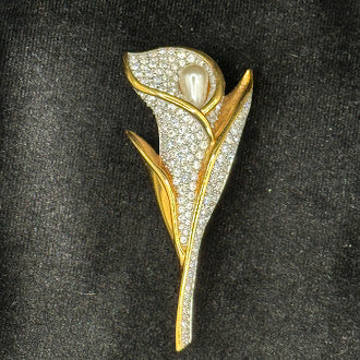 Swarovski Gold Tone Calla Lily Brooch Pave Crystal Flower Pin Faux Pearl Center Signed