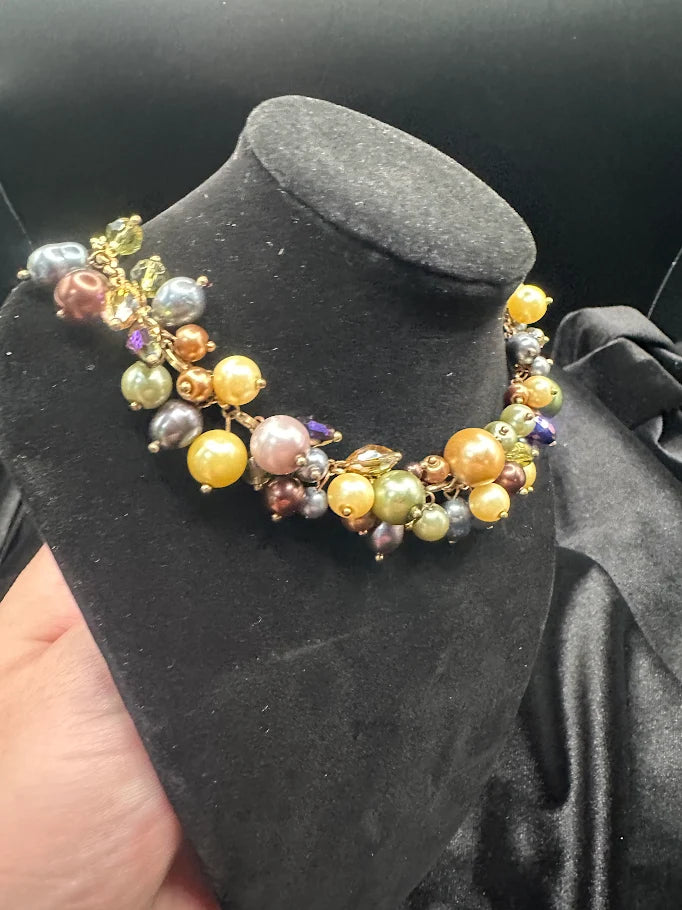 Multicolor Pearl Bead Necklace and Earrings Set with Gold Tone Chain