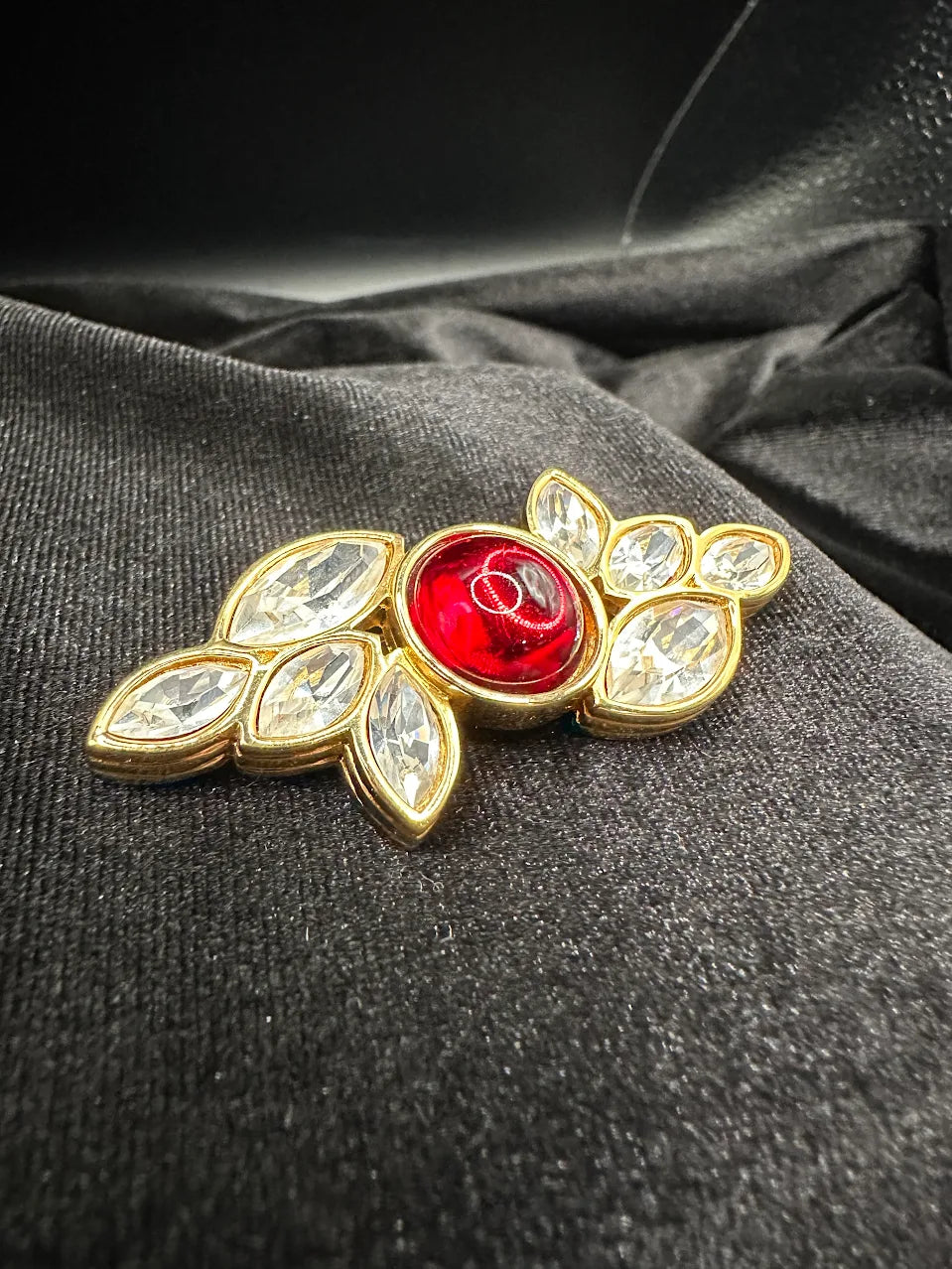 S.A.L. Swarovski America Ltd. Gold Tone Red Cabochon Crystal Leaf Brooch
