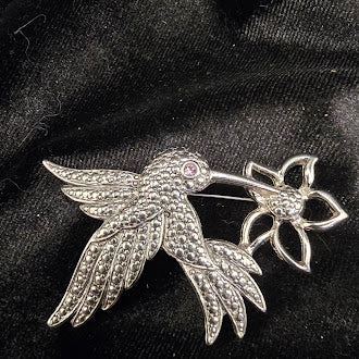 Vintage Silver Tone Hummingbird Brooch with Rhinestone Flower Accent