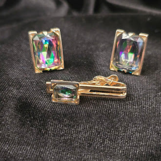 Swank gold tone cufflinks and tie clip set with iridescent mystic stone