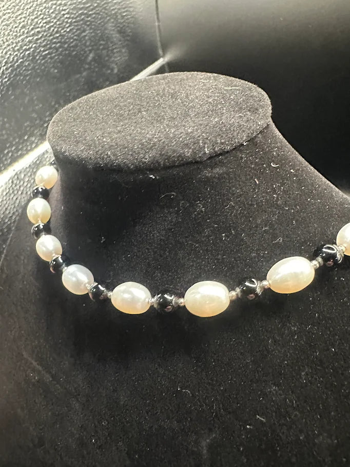 Cream Pearl Style and Black Bead Necklace with Silver Tone Clasp