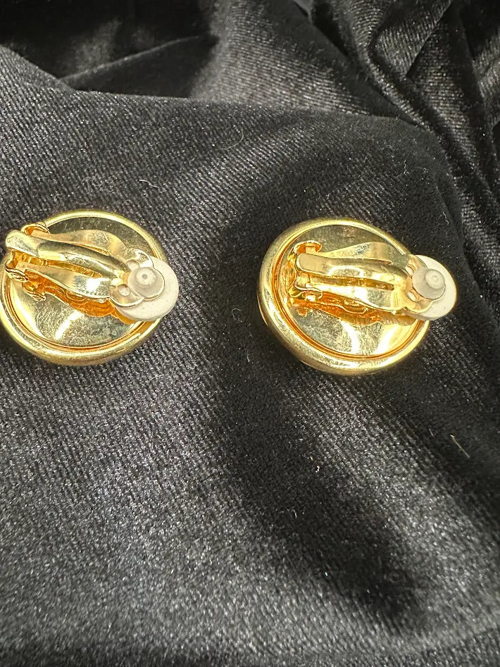Swarovski SAL Crystal Clip Earrings Gold Tone Enamel Checkerboard Dome Vintage Signed