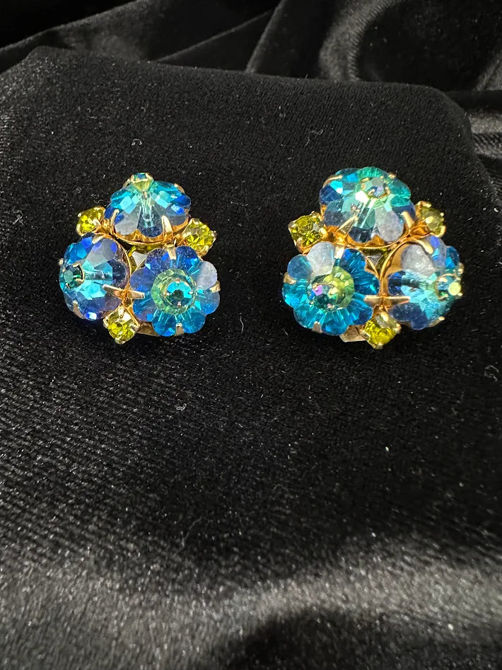 Gold Tone Blue Aurora Borealis Crystal Cluster Clip Earrings Floral Rhinestone Vintage Statement Jewelry