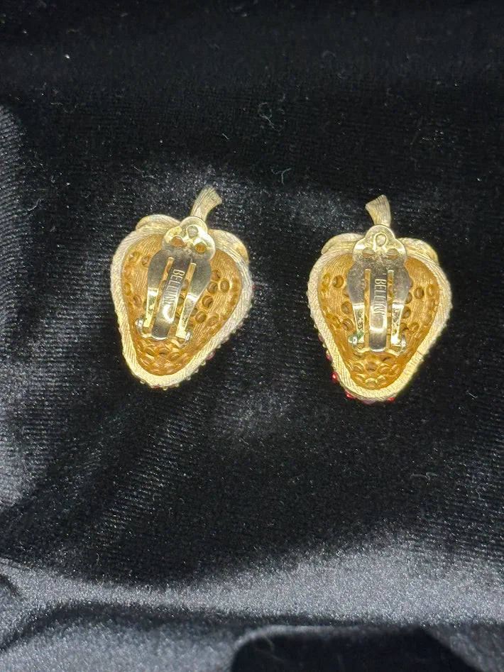 Bellini Gold Tone Strawberry Clip Earrings Red Crystal Pavé Rhinestone Fruit Motif Vintage Statement Jewelry