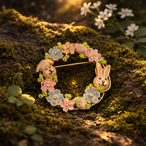 Enamel Bunny Rabbit Floral Wreath Brooch Pastel Flower Circle Pin