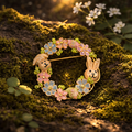 Enamel Bunny Rabbit Floral Wreath Brooch Pastel Flower Circle Pin