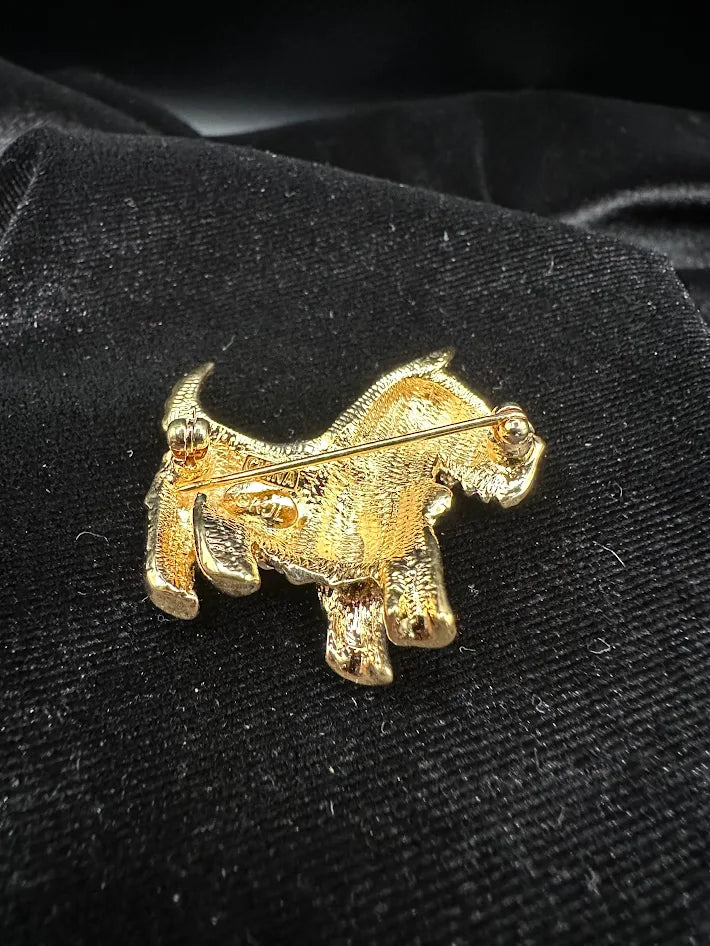 Signed Gold tone terrier brooch with clear red green and blue crystals