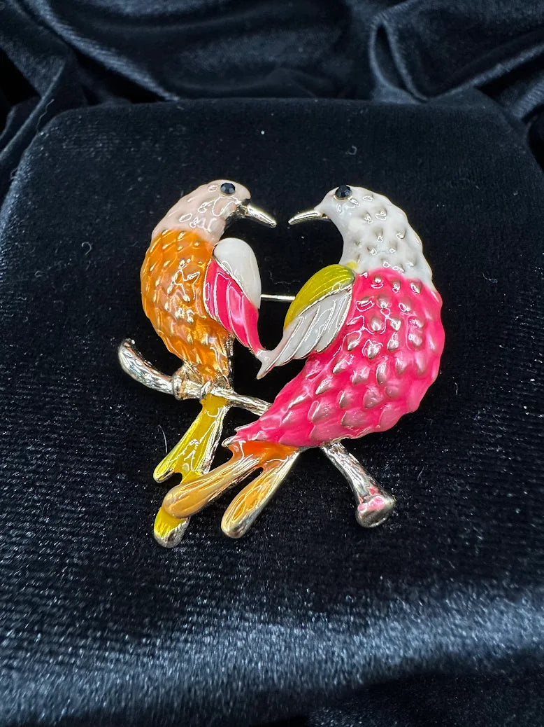 Vintage Gold Tone Enamel Lovebird Brooch Double Bird Pin Pink Orange Rhinestone Accent